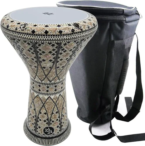 Vista 18 de La Darbuka Doumbek egipcia de 17" de Zaza Percussion con madreperla (Black Master)