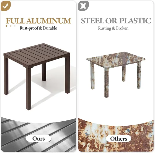 Vista 6 de Mesa auxiliar de aluminio al aire libre, mesa auxiliar pequeña para café, bistró, marrón Mesa auxiliar rectangular resistente a la intemperie