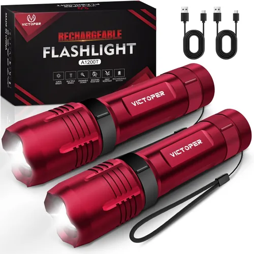 Vista 11 de Victoper Red Rechargeabe Flashlight 2 Pack, High Lumens 5 Modes LED Bright Tactical Flashlights, Waterproof Zoomable Flash Light for Outdoor, Gifts