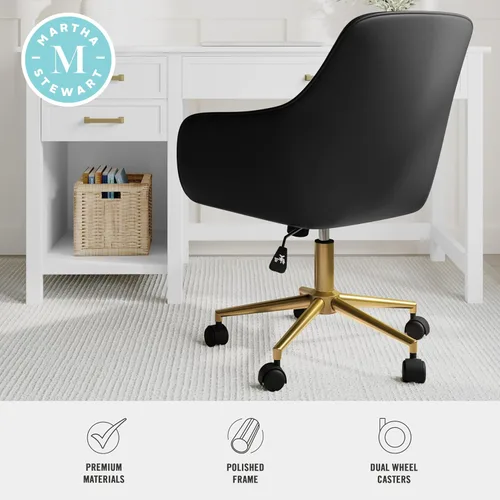 Vista 5 de Martha Stewart Rayna Silla de Trabajo Giratoria con Brazos Acampanados para Oficina en Casa en Cuero Sintético Negro con Marco de Latón Pulido