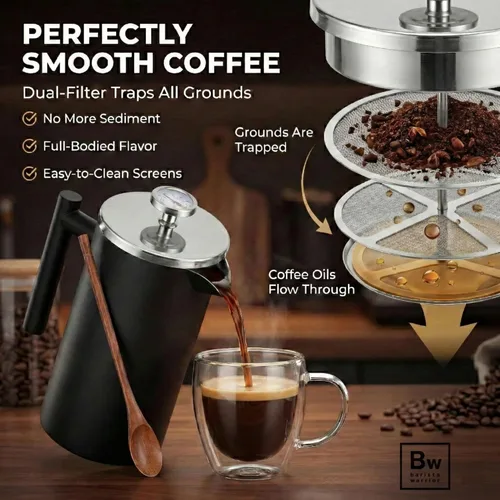 Vista 3 de Barista Warrior - Cafetera de prensa francesa, prensa francesa aislada de acero inoxidable de doble pared con termómetro integrado, cafetera de Negro