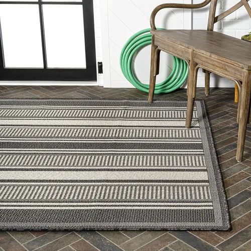 Vista 9 de JONATHAN Y Haynes - Alfombra moderna de doble raya para interiores y exteriores, 8 x 10 pies, color negro y crema, para patio trasero, porche, fácil