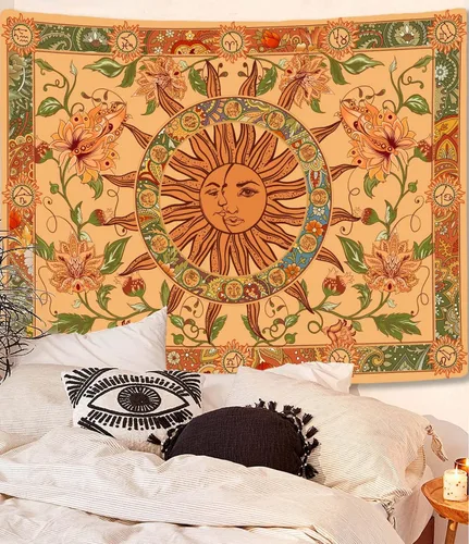 Vista 3 de Tapiz amarillo con sol y luna, vintage, bohemio, para colgar en la pared con girasoles, mariposa, polilla, constelación, tapices de pared