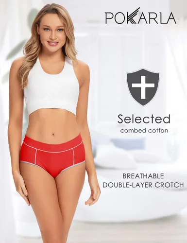 Vista 2 de POKARLA - Ropa interior elástica de algodón para mujer, pantaletas de cintura media-alta, paquete de 5