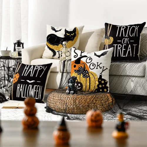 Vista 2 de AVOIN colorlife Happy Halloween Boo - Juego de 4 fundas de almohada con diseño de gato negro, 18 x 18 pulgadas, diseño de murciélago de calabaza