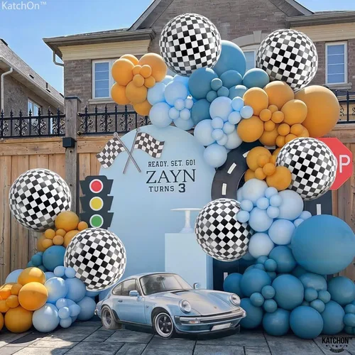 Vista 6 de KatchOn, Globos a cuadros blancos y negros de 22 pulgadas, paquete de 6, globos de carreras para decoraciones de cumpleaños emotivos, globos