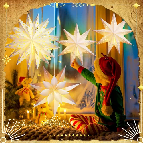 Vista 3 de Watersay Paquete de 6 Faroles de Papel de Copo de Nieve de Navidad Faroles de Papel de Estrella de Navidad con 6 Luces LED Blancas Ornamentos
