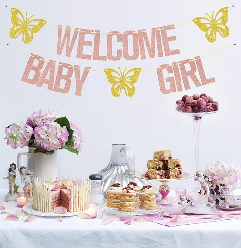 Vista 4 de Cartel de bienvenida para niña, decoración de fiesta de baby shower con temática de mariposa, letrero de "It's a Girl", suministros para fiesta