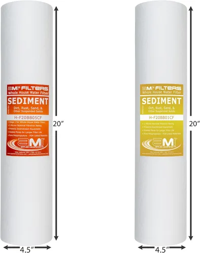 Vista 3 de Applied Membranes Inc. Sistema de filtro de agua de 2 etapas para toda la casa, filtros de 1 micrón y 5 micrones de 4.5 pulgadas por 20 pulgadas