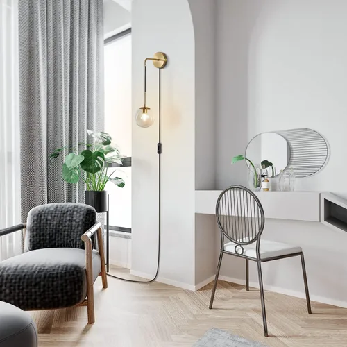 Vista 6 de KCO Lighting - Lámpara de pared moderna con globo dorado de mediados de siglo con cable de enchufe, aplique de pared minimalista con bola de vidrio