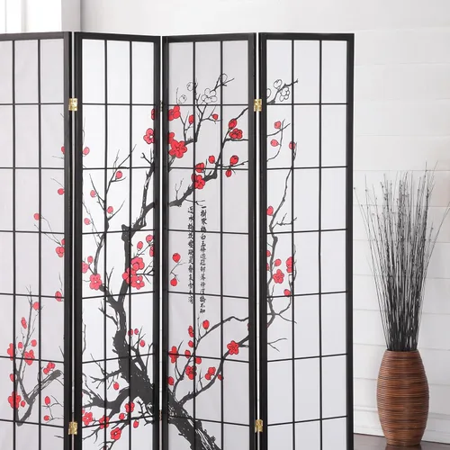 Vista 3 de Roundhill Biombo negro de 4 paneles con diseño japonés de flor de ciruelo