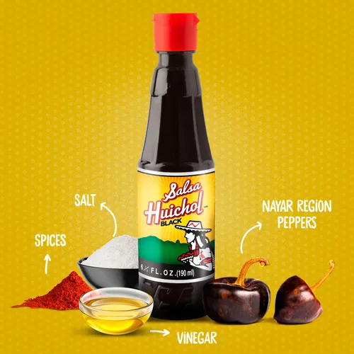 Vista 5 de Salsa Huichol Mezcla de 3 unidades – (1 original, 1 Negra, 1 Habanera) – Auténtico sabor picante – 0 calorías, sin azúcar ni grasa – Ideal