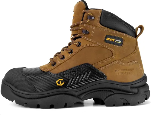 Vista 7 de Jacata Botas de trabajo impermeables de cuero con punta suave/de acero para hombre, resistentes al aceite/antideslizantes de 6 pulgadas con suela