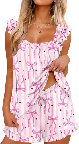 Vista 15 de Ekouaer Conjunto de pijama para mujer, conjunto de 2 piezas con volantes, camiseta sin mangas suave y pantalones cortos, conjunto de pijama de novia