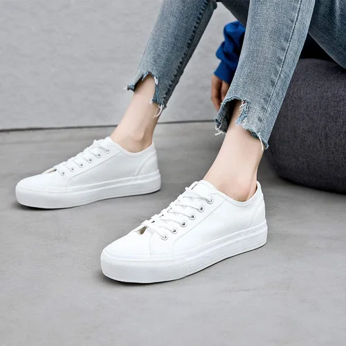 Vista 5 de Tenis de plataforma blanca para mujer, zapatos de tenis con plataforma negra, zapatos casuales con cordones, zapatos planos de lona para caminar