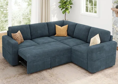 Vista 9 de HONBAY Sofá cama modular, sofá cama modular de pana extraíble con almacenamiento, sofás seccionales en forma de U para sala de estar, color azul