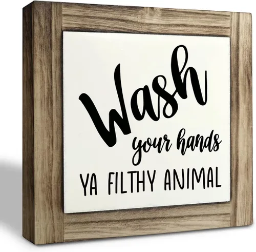 Vista 9 de Divertida Placa de Madera para Baño, So Fresh So Clean, Placas de Madera Box Decoración de Escritorio 5.9×5.9×0.7 pulgadas, Letreros Pequeños