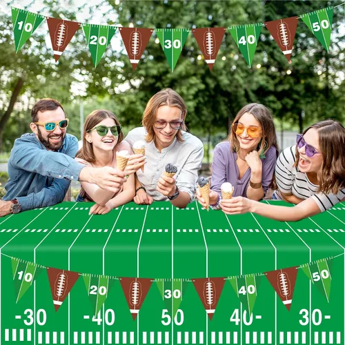 Vista 7 de Qyeahkj Suministros para fiestas de fútbol, juego de mantel de rugby, juego de pancartas para mesa de campo de fútbol, incluye banderín de papel