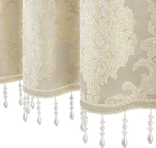 Vista 4 de Loom and Mill Cenefas de jacquard de lujo para ventana de sala de estar, elegante cenefa de cortina de damasco beige con ribete de cuentas, cortina
