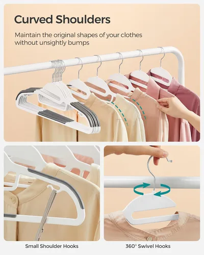 Vista 4 de SONGMICS Paquete de 50 percheros, perchas de plástico resistentes para trajes, apertura en forma de S, ahorro de espacio, gancho giratorio de 360º