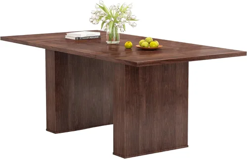 Vista 10 de QHITTY mesa de comedor acanalada de 78 pulgadas de madera para 6 a 10 personas, mesa larga rectangular de estilo campestre con base de tiras