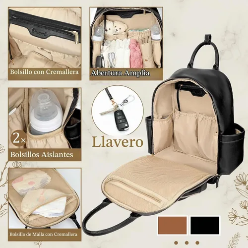 Vista 5 de Omanmoli Bolsa de pañales Mochila de cuero Bolsa de bebé Mochila de pañales Negro oscuro