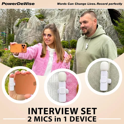 Vista 2 de PowerDeWise Micrófono Lavalier inalámbrico para iPhone y Android, paquete de 2 mini micrófonos blancos, micrófono de clip USB-C/Lightning