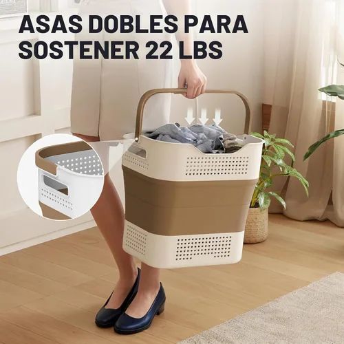 Vista 4 de TECHMILLY - Canasta plegable de plástico para la ropa sucia con asas, cesto portátil de 35L de goma, contenedor/organizador desplegable con cesta