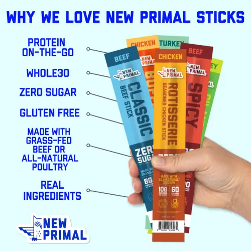 Vista 5 de New Primal - Muestreador de palitos de pollo, búfalo y asador, 5 unidades Alto en proteínas, cero azúcar, todo natural, aperitivo saludable, sin