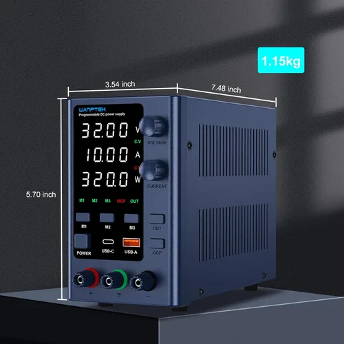 Vista 7 de Fuente de alimentación DC variable 0-32V 0-10A, bancos de alimentación ajustables con almacenamiento de memoria/USB-A y tipo-C de carga rápida/OCP