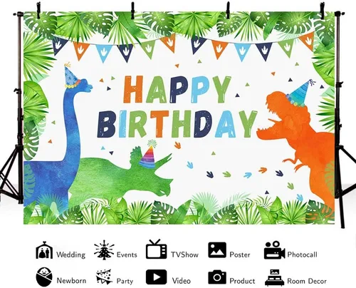 Vista 2 de AIBIIN Fondo de cumpleaños de dinosaurios de 7 x 5 pies para niños y niñas, dinosaurios, plantas del bosque, banderas, fondo de fotografía
