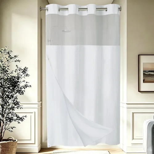 Vista 30 de EUTXL Cortina de ducha beige sin gancho con forro a presión, 230 GSM, cortinas de ducha para baño, 71 pulgadas de ancho x 74 pulgadas de alto