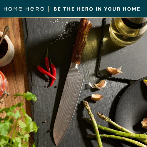Vista 7 de Home Hero Colección de cuchillos japoneses Santoku VG10 con remache de acero de Damasco ultra afilado, 67 capas, mango ergonómico de palisandro