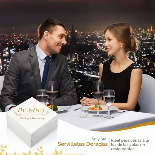 Vista 5 de Teling 200 servilletas de cóctel de boda, servilletas de papel de aluminio dorado, elegantes 3 Ply Mr and Mrs Desert Napkins, for Wedding