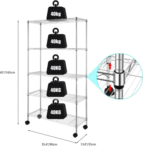 Vista 6 de Karl home Estantería de alambre con ruedas, estantes ajustables, estante de almacenamiento de metal para cocina, baño, garaje, despensa, armario
