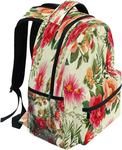 Vista 2 de Mochila escolar floral vintage, bolsa atlética para laptop para estudiantes, mochila con bolsillos laterales para viajes, senderismo, campamento
