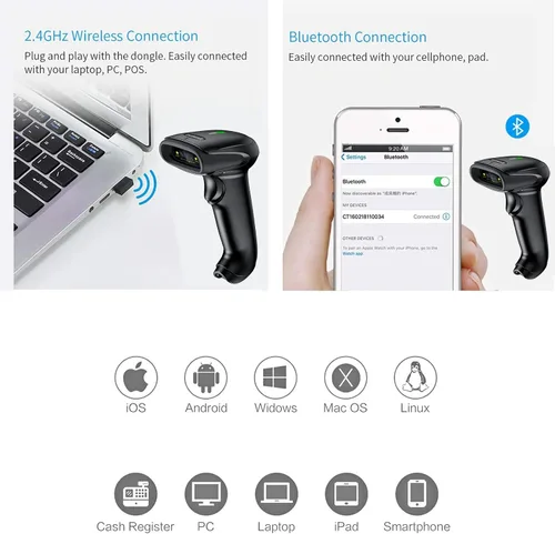 Vista 4 de Symcode Escáner de código de barras Bluetooth portátil USB CCD inalámbrico lector de código de barras compatible con función inalámbrica y Bluetooth
