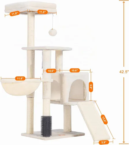 Vista 3 de Heybly - Árbol de gato con cepillo autolimpiante, torre de gato para interior con plataforma acolchada de felpa, casa de gato con cesta, poste