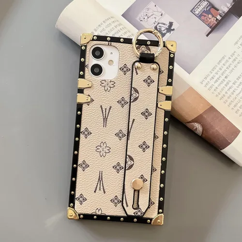 Vista 6 de Funda rectangular de cuero compatible con 11 con correa para pulsera, funda de diseño de lujo para mujeres y niñas, funda protectora con soporte