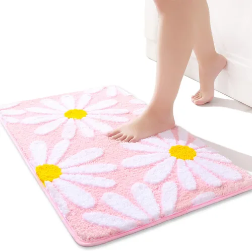 Vista 35 de QJHOMO Alfombra de baño beige con diseño de margaritas, decoración de flores blancas y amarillas, alfombra antideslizante de microfibra, súper