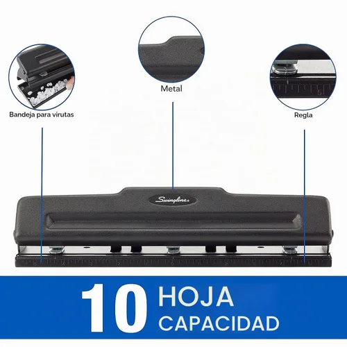 Vista 2 de Swingline Perforadora de 3 agujeros, capacidad para 10 hojas, perforadora de tres agujeros, 3 anillos, perforadora de papel ajustable de 2 a 3
