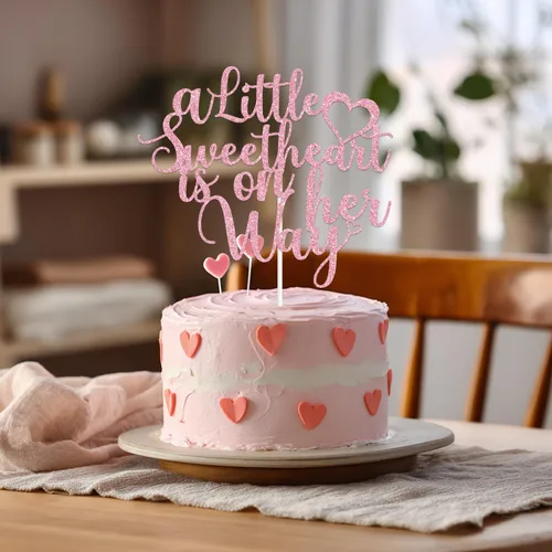 Vista 4 de Decoración para tartas "A Little Sweetheart is on Her Way" con purpurina rosa, nuestra pequeña novia, Oh Baby/Sweet Baby Girl, Día de San Valentín