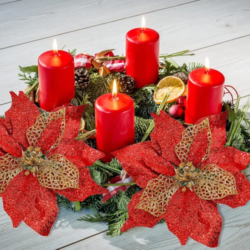 Vista 8 de Juego de 20 flores de pascua de 8.7 pulgadas de ancho, 3 capas de flores de Pascua rojas con purpurina, adornos para árbol de Navidad rojo, coronas
