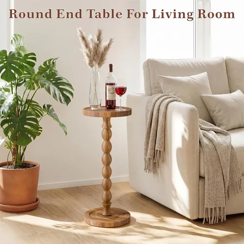 Vista 4 de Mesa auxiliar redonda pequeña, mesa de madera de acacia para espacios pequeños, mesas decorativas modernas, mesas auxiliares de café con pedestal