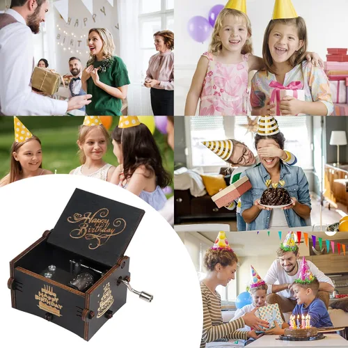 Vista 6 de Caja de música de feliz cumpleaños, manivela de madera, instrumento musical grabado con melodía, regalos para mamá, papá, hija, hijo, esposa, esposo