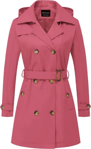 Vista 15 de CREATMO US Gabardina para mujer con doble botonadura clásica con solapa, con cinturón y capucha desmontable Albaricoque