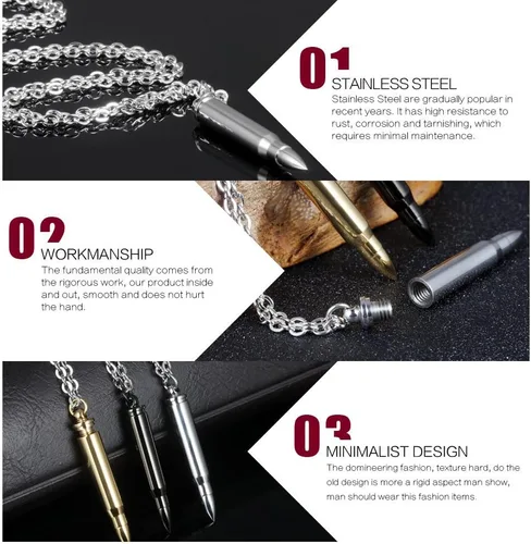 Vista 5 de collar con colgante de bala acero inoxidable pulido, urna conmemorativa para guardar cenizas