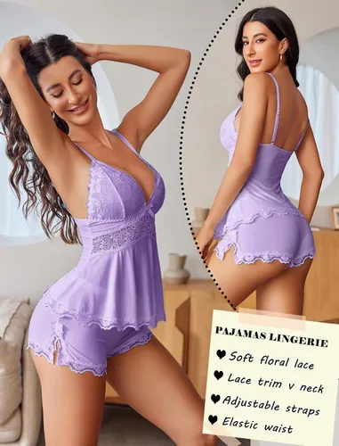Vista 2 de Avidlove Conjunto de camisola de encaje para mujer, ropa de noche, ropa de noche, conjunto de pijama sexy