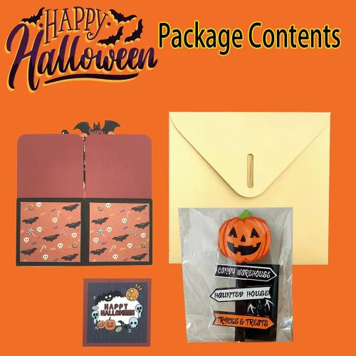 Vista 2 de Tarjeta de caja desplegable de Halloween, 3D de casa encantada, fantasma, calabaza, tarjetas para fiesta de Halloween con sobres, etiqueta de notas