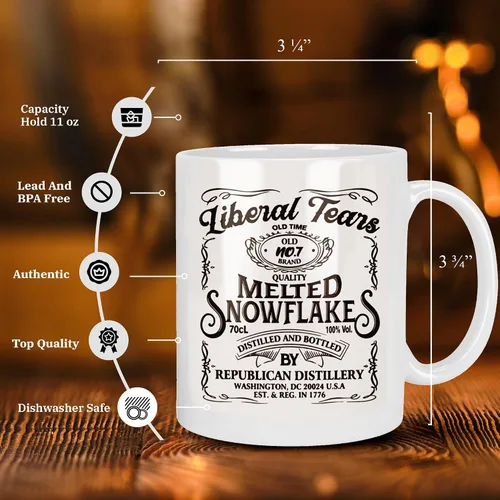 Vista 2 de Patriots Cave - Taza de café con etiqueta de copo de nieve derretida Liberal Tears Destilería republicana Est. 1776 Regalos conservadores